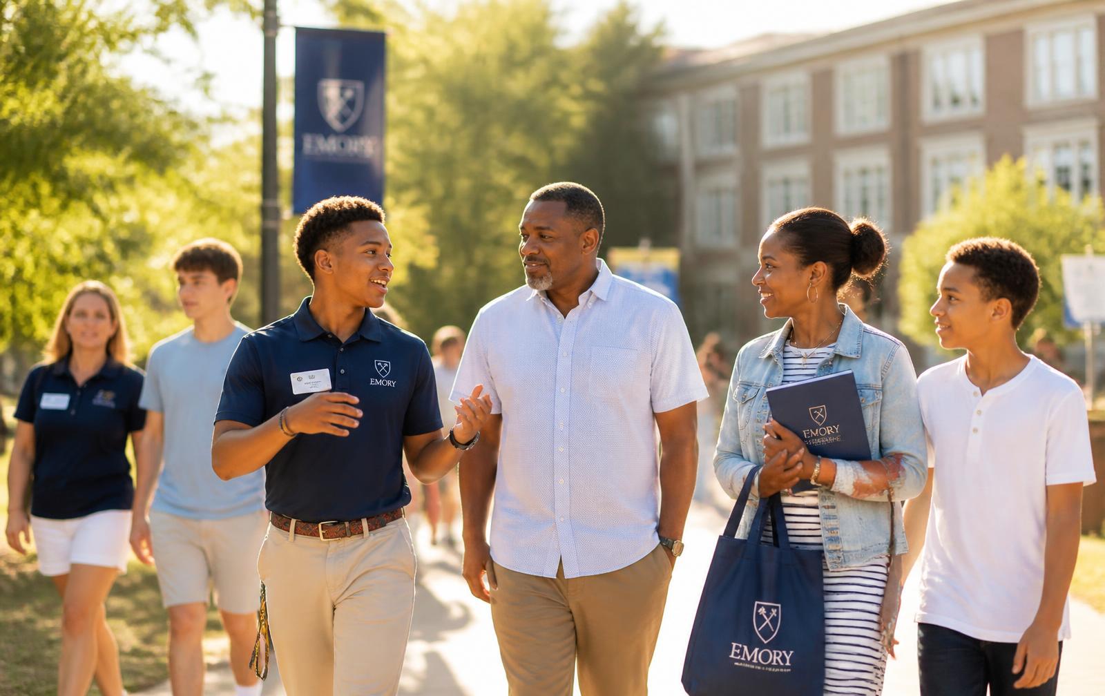 Prospective students and families receiving custom college giveaways during a campus tour and admissions event