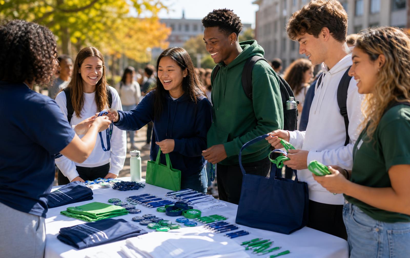 College students gather around a student organization fair table covered with custom branded giveaways, lanyards, tote bags, pens, and buttons on a sunny campus.