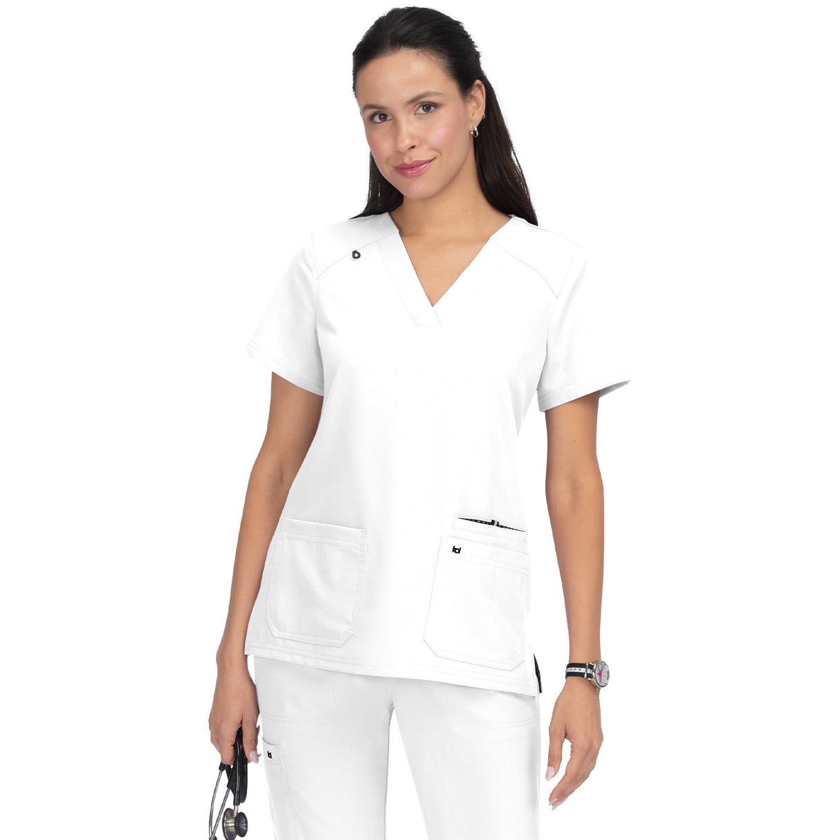 KOI Women's Three-Pocket Wide V-Neck Stretch Hustle and Heart Top