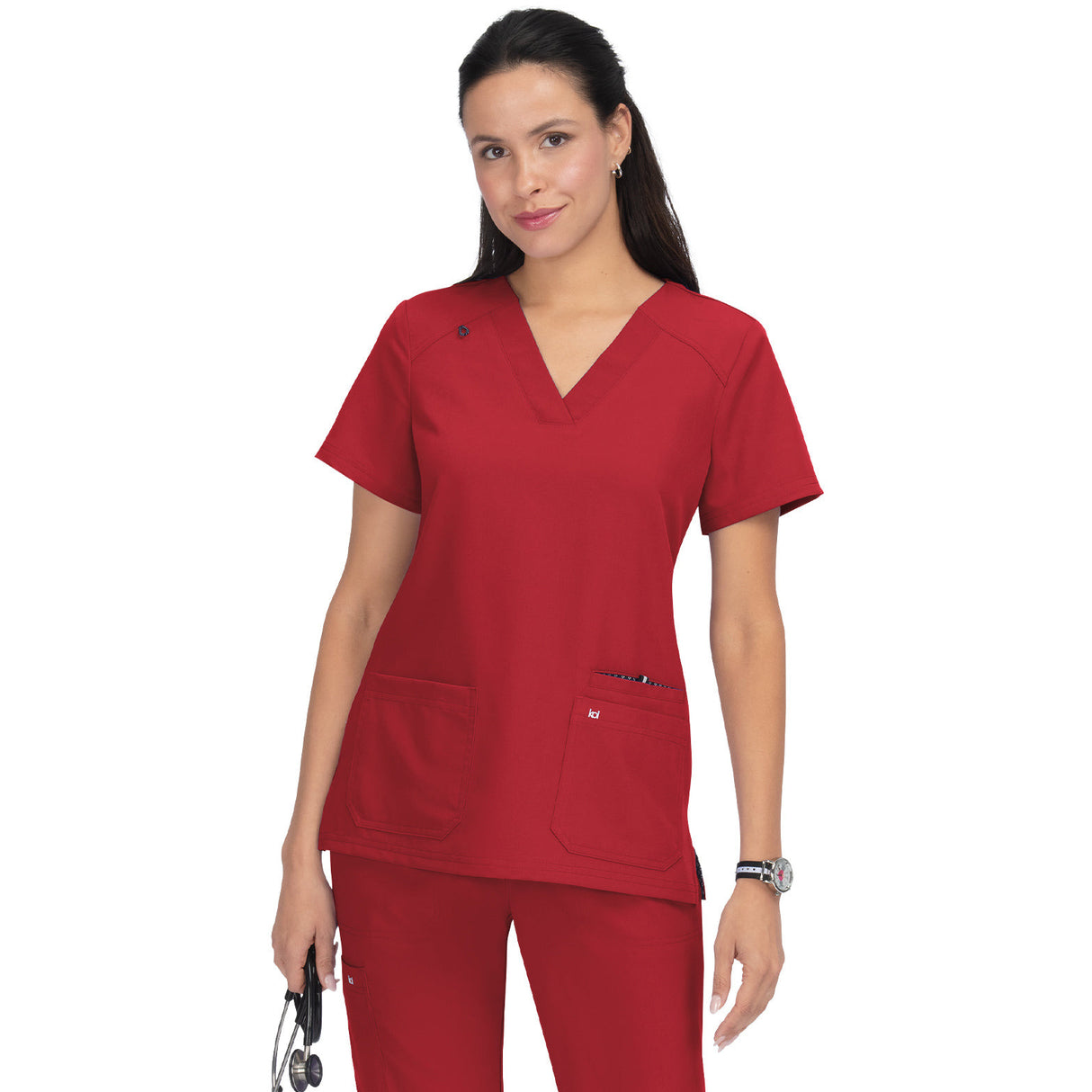 KOI Women's Three-Pocket Wide V-Neck Stretch Hustle and Heart Top