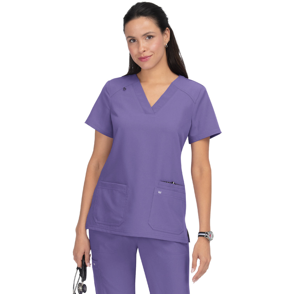 KOI Women's Three-Pocket Wide V-Neck Stretch Hustle and Heart Top