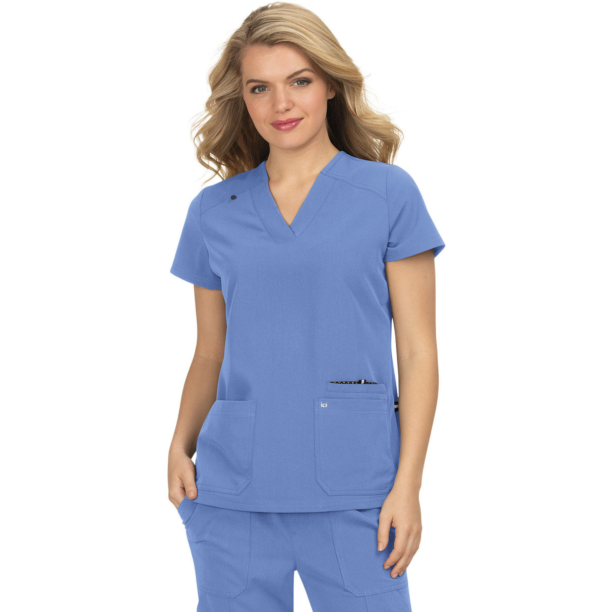 KOI Women's Three-Pocket Wide V-Neck Stretch Hustle and Heart Top