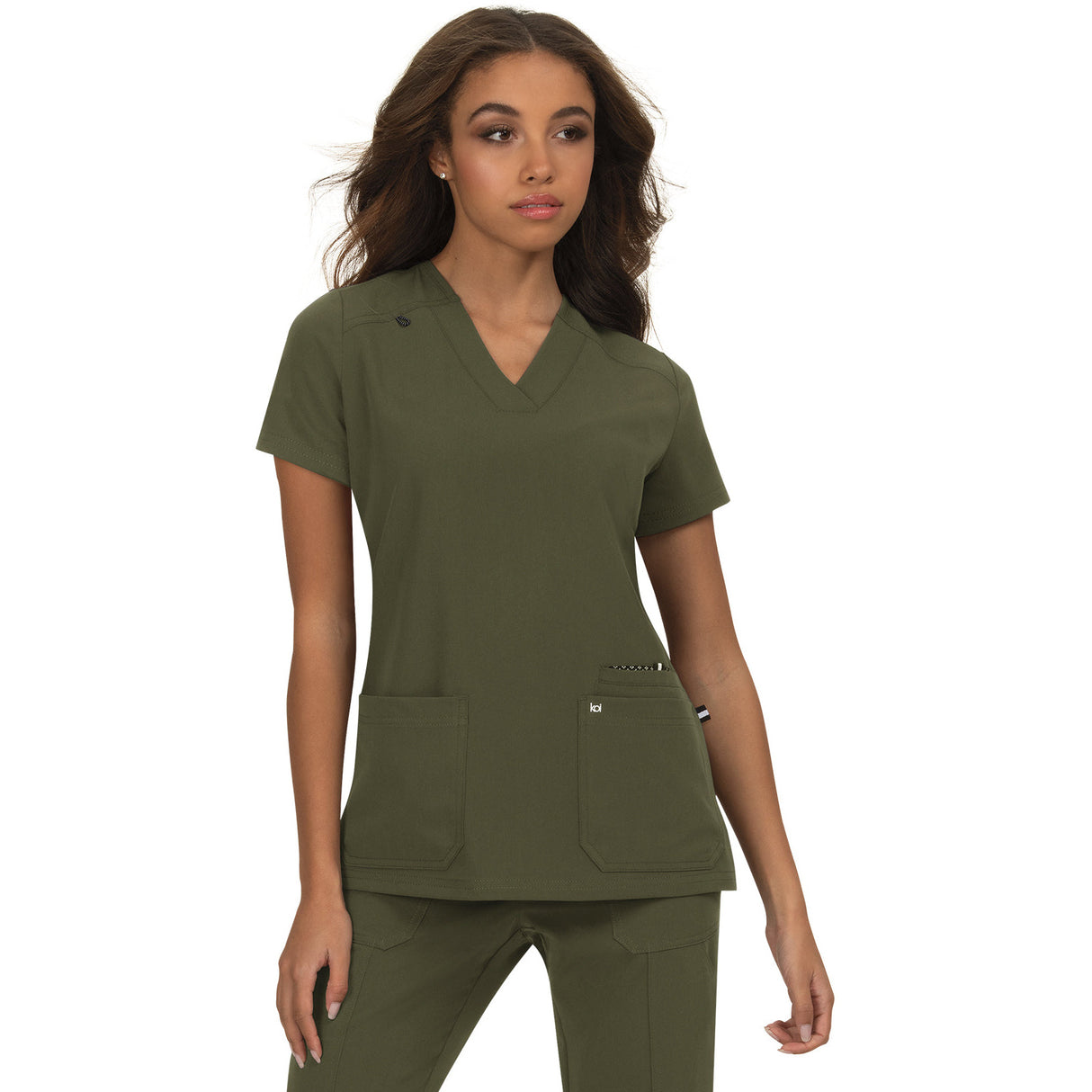 KOI Women's Three-Pocket Wide V-Neck Stretch Hustle and Heart Top