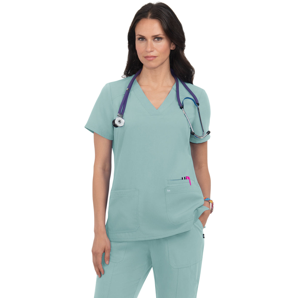 KOI Women's Three-Pocket Wide V-Neck Stretch Hustle and Heart Top