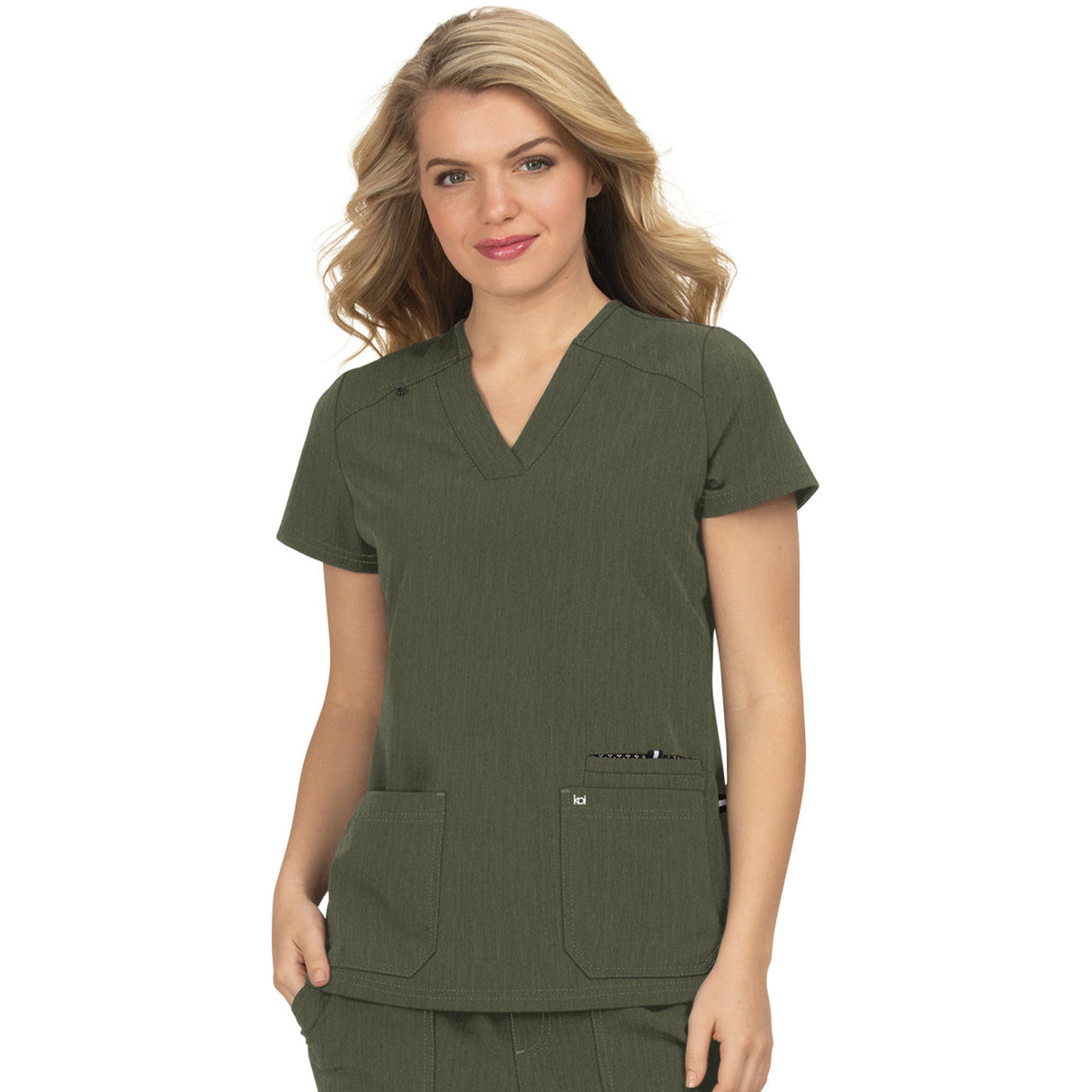 KOI Women's Three-Pocket Wide V-Neck Stretch Hustle and Heart Top