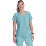 KOI Women's Three-Pocket Wide V-Neck Stretch Hustle and Heart Top