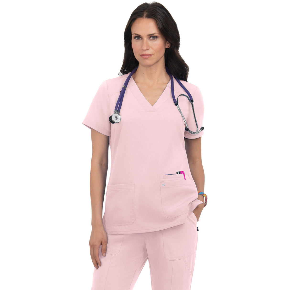 KOI Women's Three-Pocket Wide V-Neck Stretch Hustle and Heart Top