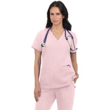 KOI Women's Three-Pocket Wide V-Neck Stretch Hustle and Heart Top